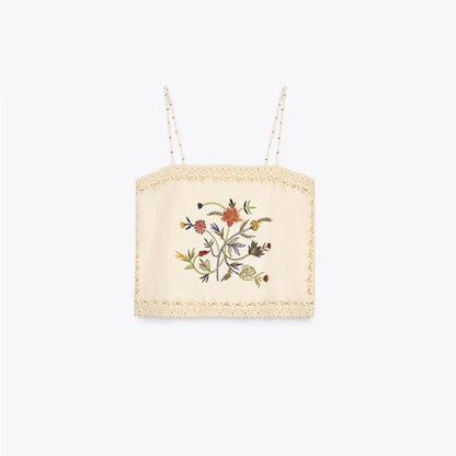 Bead Flower Embroidery Tank Top Shorts Suits 2 Pieces Women Backless Strap Sleeveless Vest Wide Leg Shorts Suits Patchwork Sexy