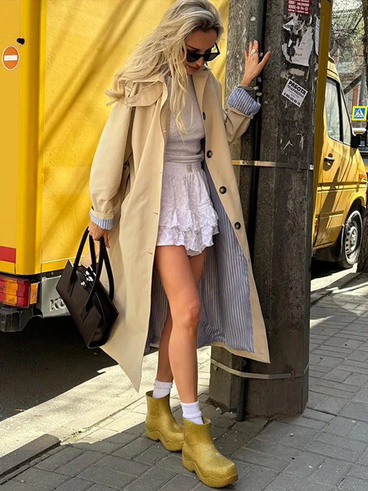 Vintage Splicing Striped Khaki Trench Women Retro Lapel Single-Breasted Long Windbreaker Lady Autumn Elegant Chic Street Outwear