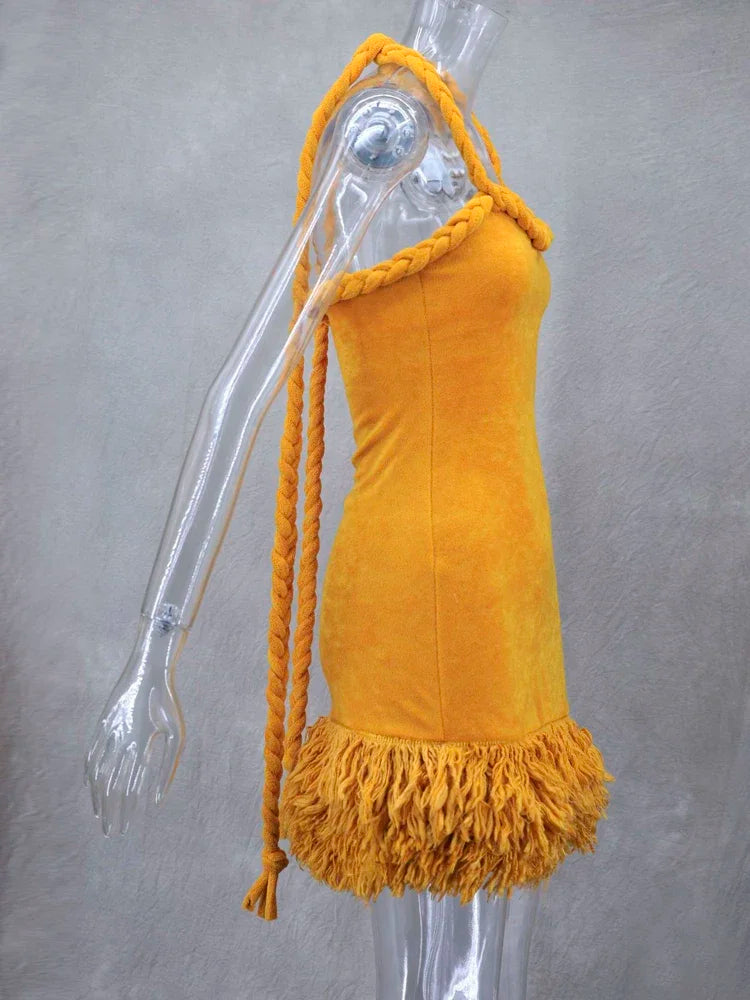 Orange Tassel Sexy Backless Fleece Winter Dresses Women Autumn Fashion Handmade Woven Twists Halter Mini Party Prom Dress