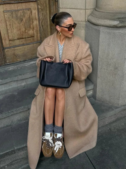Classic Fashion Solid Oversized Cashmere Overcoats Women's Elegant Lapel Pockets Long Sleeve Jackets Chic Female Streetwear