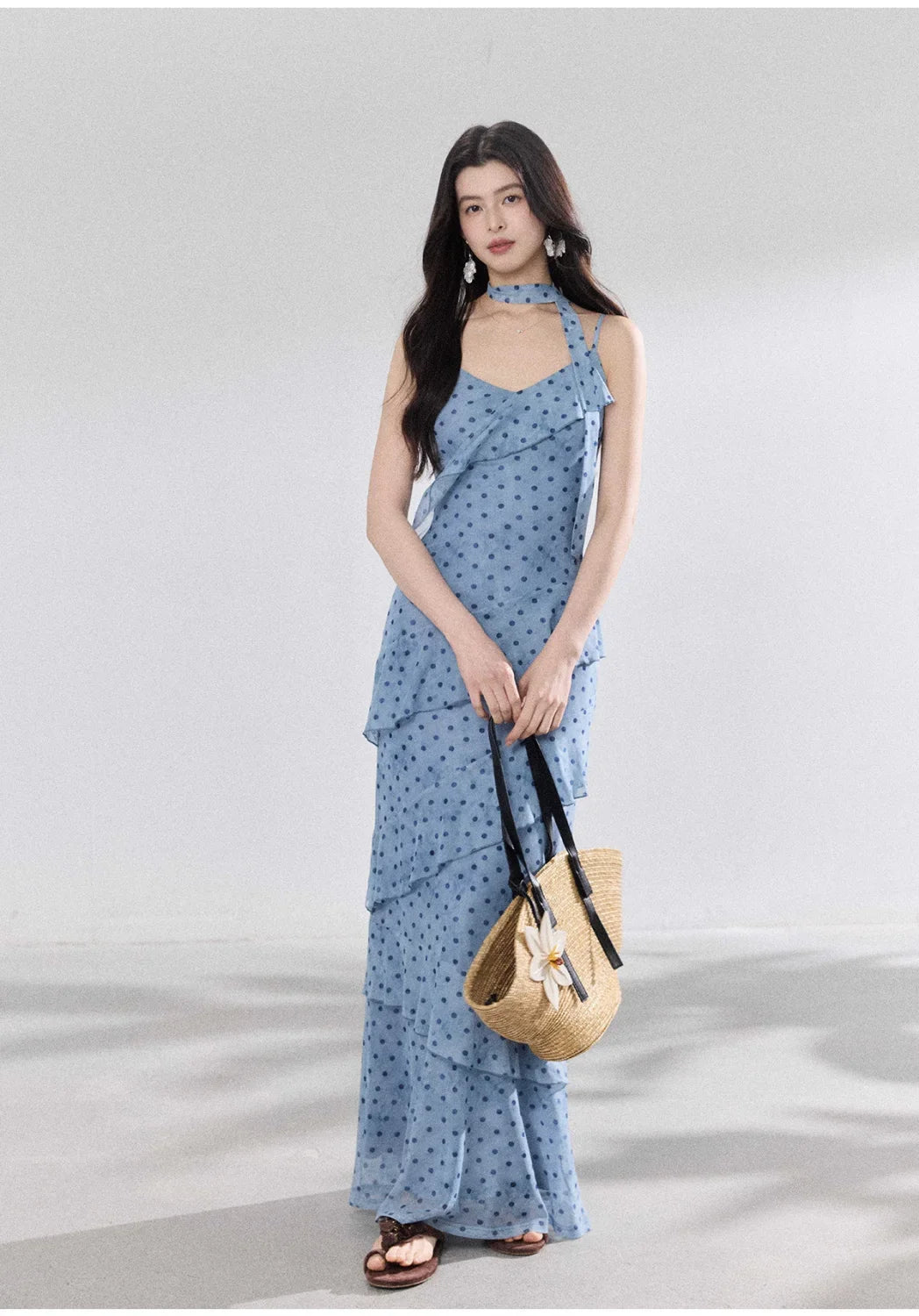French Commuter V-Neck Streamer Polka Dot Lotus Edge Suspender Dress Female Slim Mesh Printed Dress