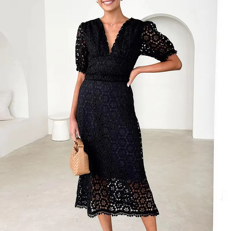 Sexy Deep V Lace Hollow Crochet Solid color Party Dresses Summer Elegant Women Temperament Waist Cinching A-Line Maxi Dress 2025