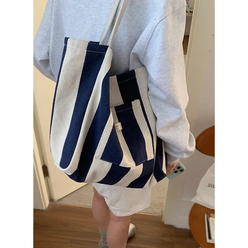 Checkered Canvas Bag for Women Korean Tote Casual Large Capacity Student Shopping Bags