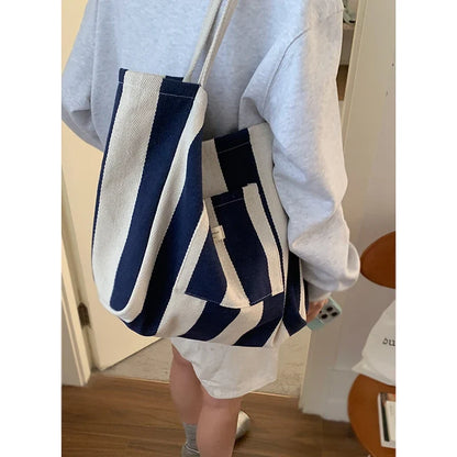 Checkered Canvas Bag for Women Korean Tote Casual Large Capacity Student Shopping Bags