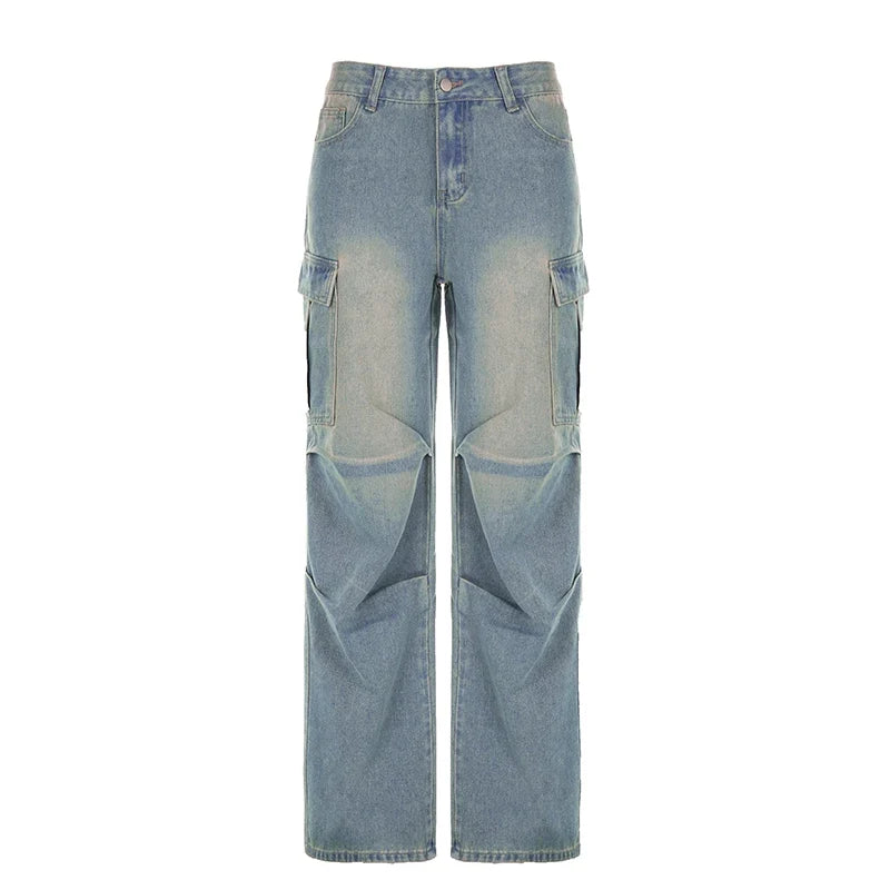 American Style Pleated Washed Parachute Jeans Women's High Waisted Loose Wide Leg Large Pocket Workwear Pants