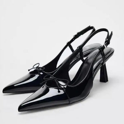 Pointed Heel Sandals Female Shoe Women's Shallow Mouth Girls Beige Bow Spring Leather High New Stiletto Closed Back Strap S