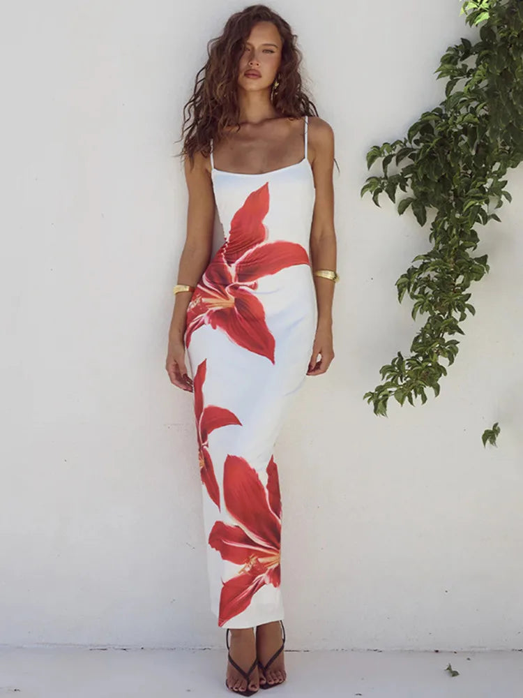 Large Lily Floral Print Spaghetti Strap Square Neck Bodycon Maxi Dress