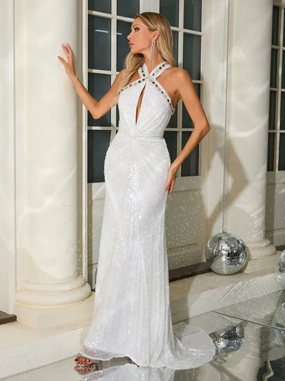 Halter Keyhole Rhinestone Trim Ruched Waist Sequin Mermaid Maxi Gown
