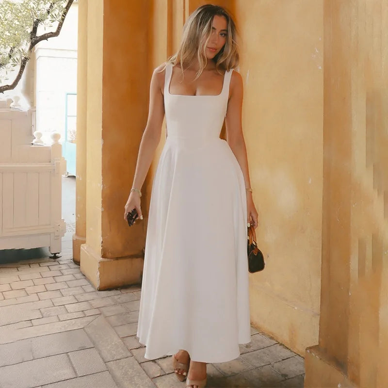Square Neck Sleeveless A Line Fit and Flare Midi Dress