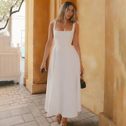 Square Neck Sleeveless A Line Fit and Flare Midi Dress