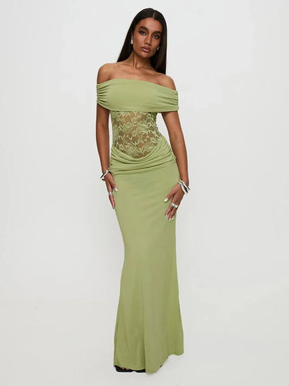 Off Shoulder Floral Lace Panel Ruched Bodycon Maxi Dress