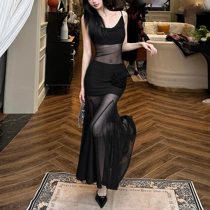 Autumn and Winter Women's Solid Color Sexy Pure Desire Suspenders See-through Slim-fitting Hip Long Dress