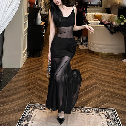 Autumn and Winter Women's Solid Color Sexy Pure Desire Suspenders See-through Slim-fitting Hip Long Dress