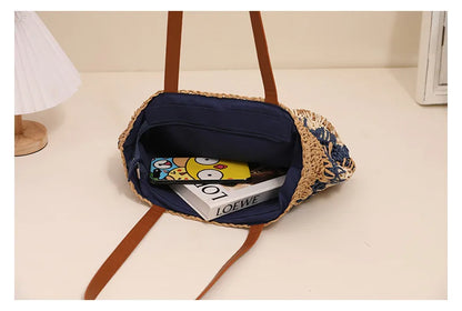 New One Shoulder Grass Woven Bag Contrast Color Handmade Large Capacity Beach Vacation Leisure Summer Women's Bag