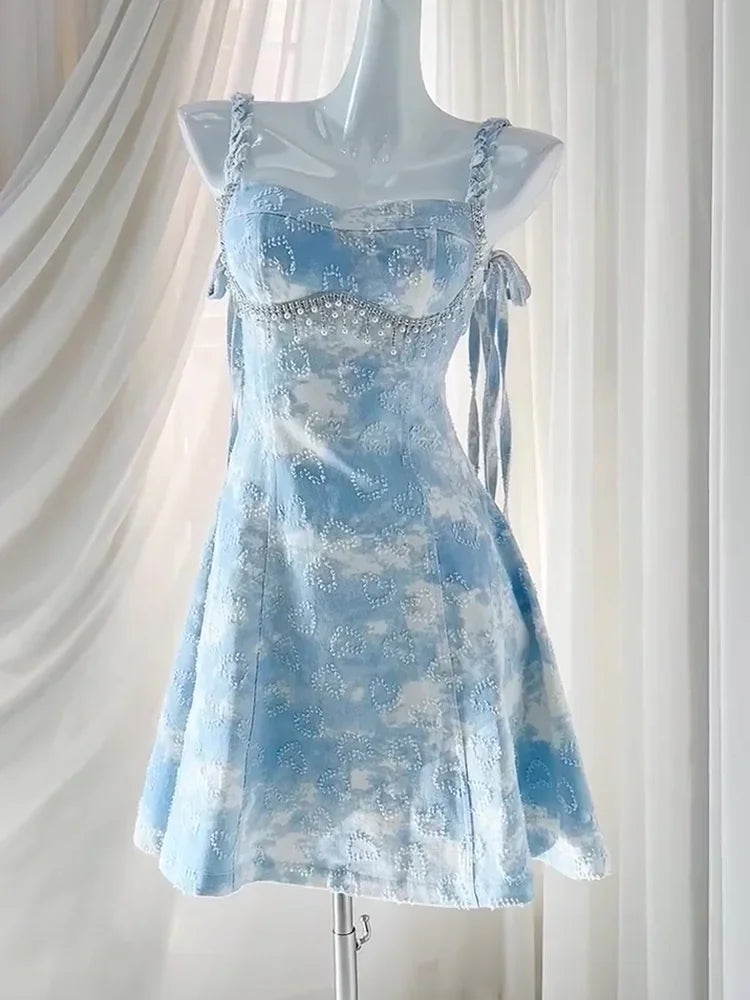 Lolita Sweet Girl Dress Sky Blue Beach Vacation Cute Loli Fairy Strap Dress Pearl Style Dress