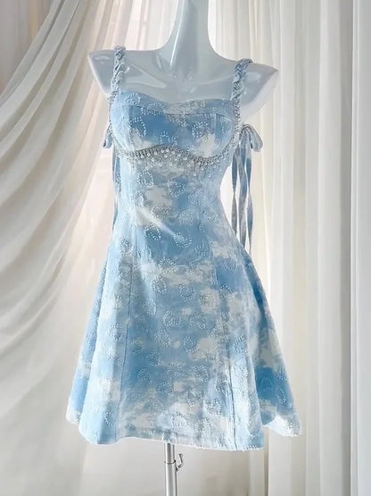 Lolita Sweet Girl Dress Sky Blue Beach Vacation Cute Loli Fairy Strap Dress Pearl Style Dress