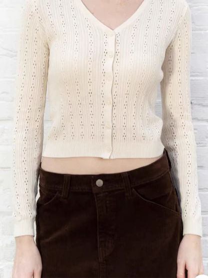 Hollow Out Solid Knitted Tops Women Spring Sexy V Neck Cotton Long Sleeve T-shirt Female Vintage Simple Cute Crop Top Chic