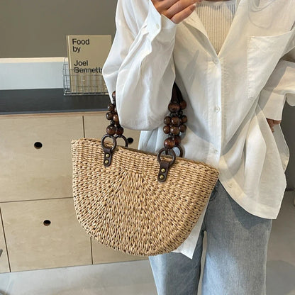 Khaki Straw Bag For Women Half Moon Design Beach Shoulder Bag With Short Handle Tote Summer Travel Handbag Fashion Handmade Bag