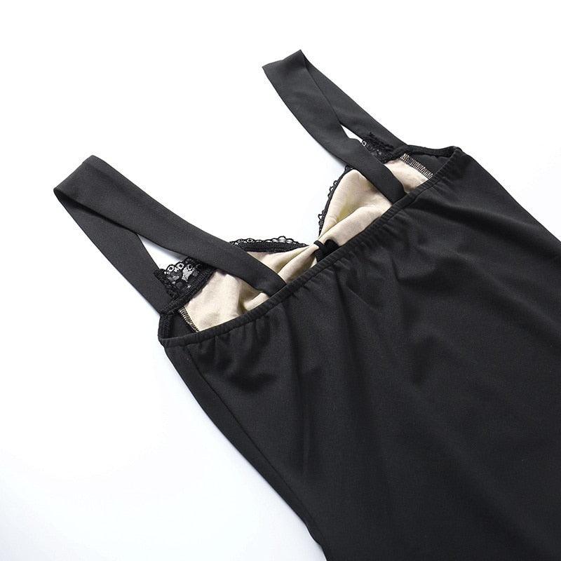Square Neck Lace Panel Satin Mini Dress