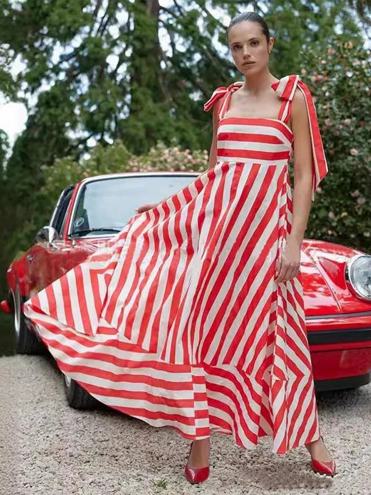 Fashion Stripe Printing Bow Lace Up Bow Sling Dress Women Elegant Sleeveless Backless Long Dresses 2024 New Lady Beach Vestidos