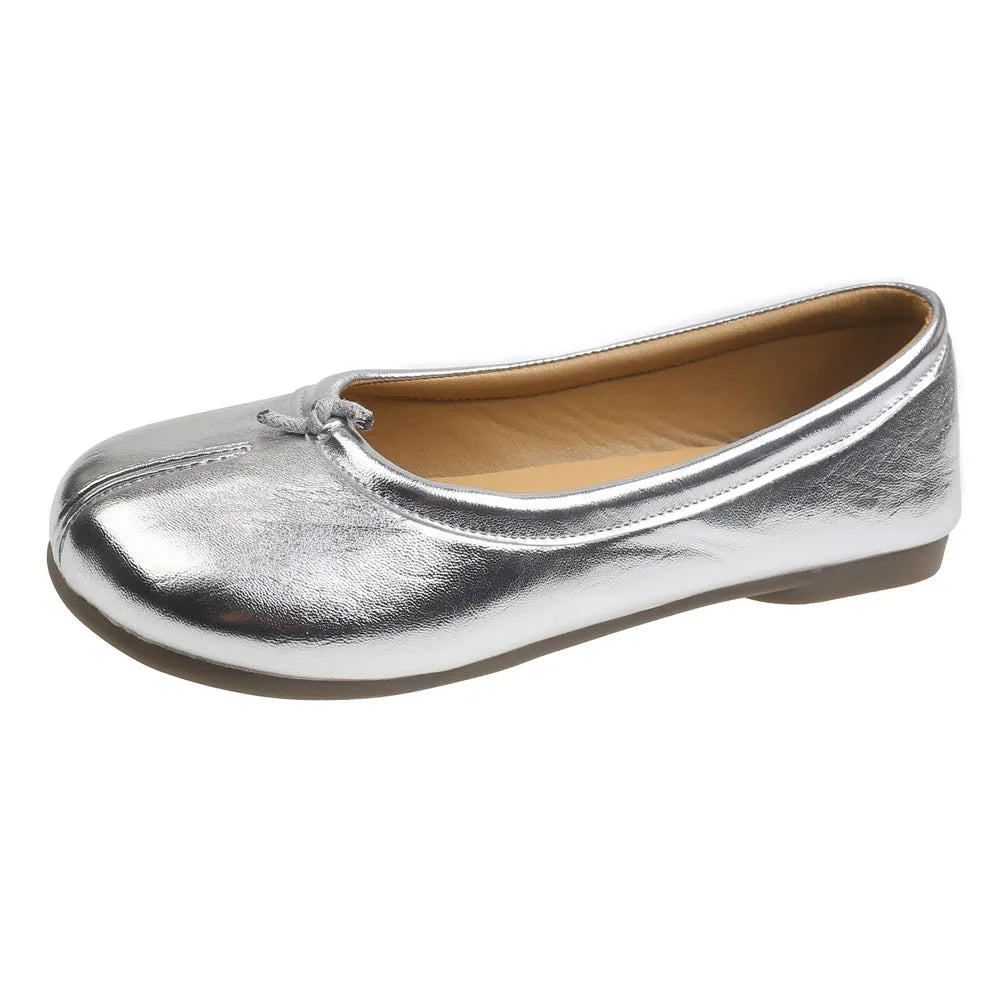 Women's Shiny Silver Ballet Flat Shoes Fashion Metallic Leather Slip-on Comfort Daily Commute Dating Dress Flat Mary Janes Shoes