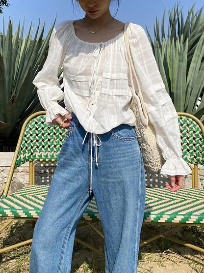 Elegant Chic Loose Shirt Blouse Spring Summer 100% Cotton Long Sleeve Sheer Tiered Vintage Women Ladies Blouse Tops