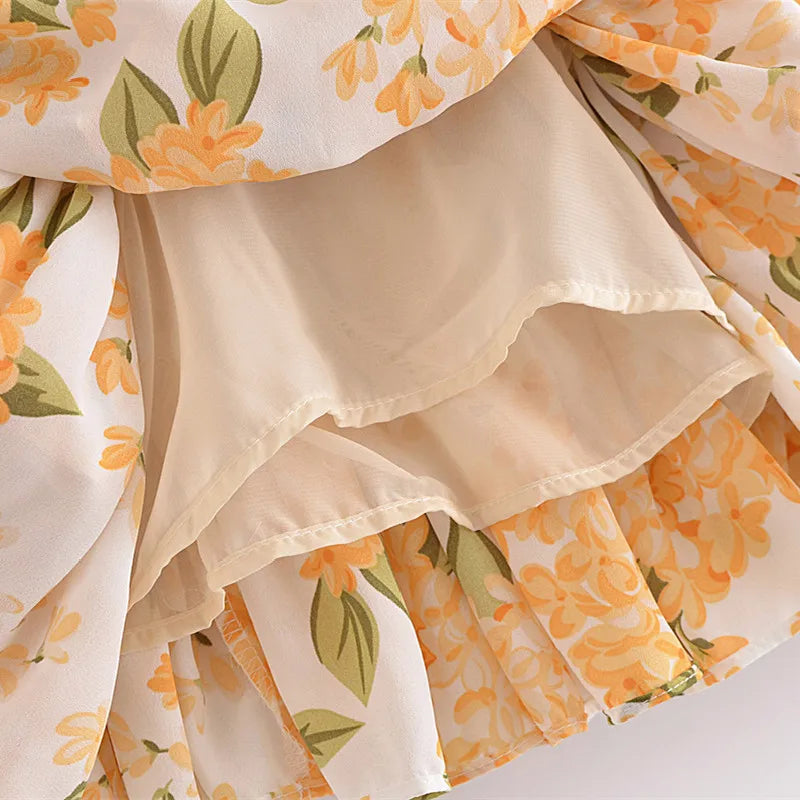 Women Cake Skirts jupe Summer Orange Flower Elastic Waist Ruched Package Hips Wood ears Ruffles Hem Mini Skirt