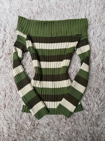 Fashionable y2k retro simple striped contrasting color one-shoulder long-sleeved sweater, new style for autumn and winter 2025