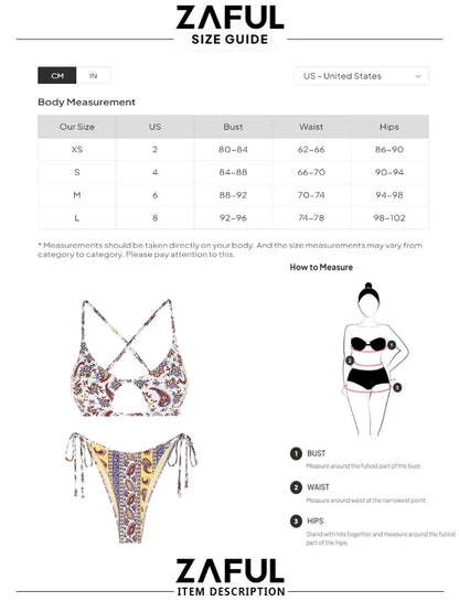 Floral Printed Ethnic Style Tie Side Criss Cross Star-shaped Bikini Swimwear