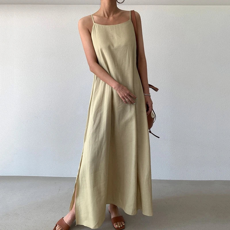 fashion chic A-line sleeveless loose vestidos for vacation beach casual solid sqaure collar basic women summer long dress 2024