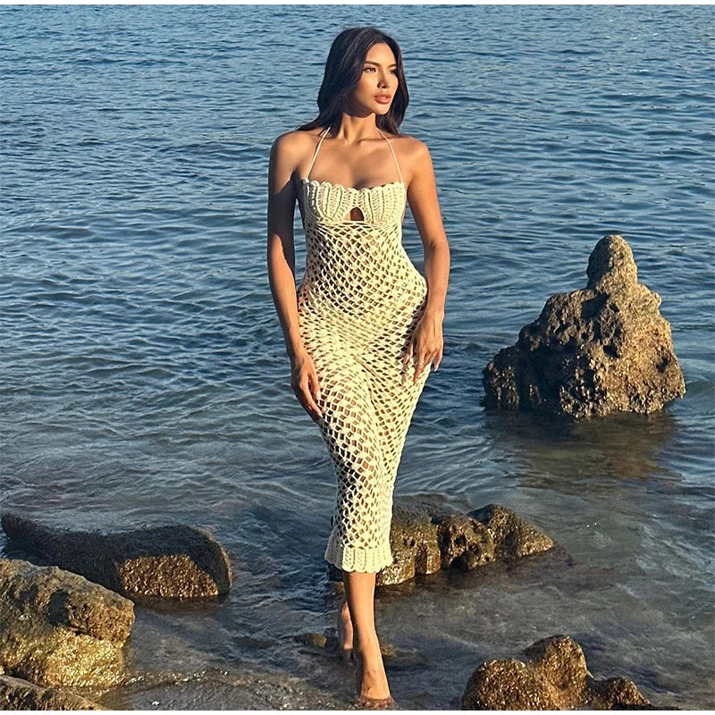 Sexy Crochet Hallow Out Long Dress Women Holiday Halter Lace Up Solid Slim Dresses Summer High Waist Bodycon Beach Robe