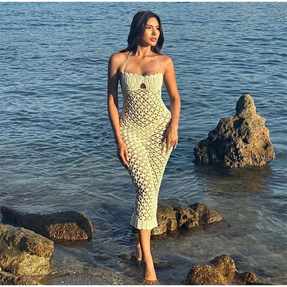 Sexy Crochet Hallow Out Long Dress Women Holiday Halter Lace Up Solid Slim Dresses Summer High Waist Bodycon Beach Robe