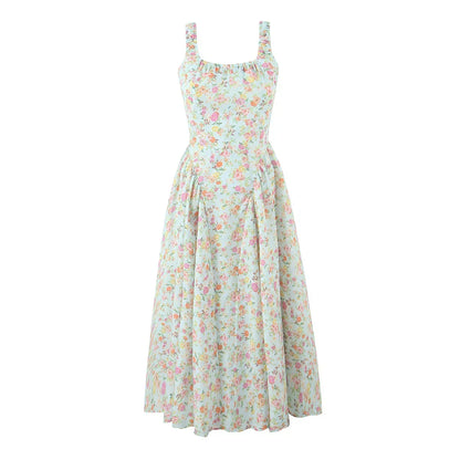 Square Neck Ruffle Strap Ditsy Floral Fit and Flare Midi Dress