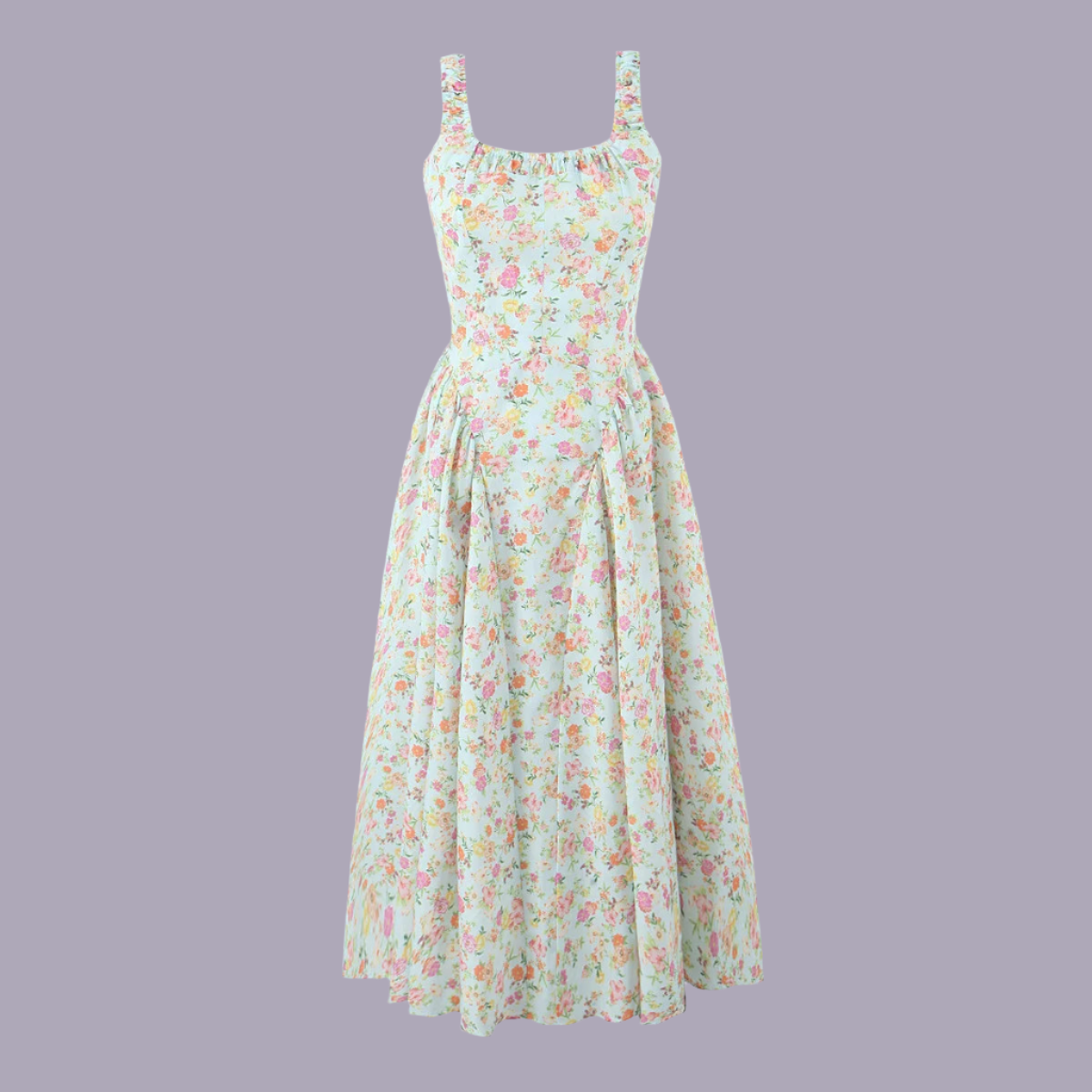 Square Neck Ruffle Strap Ditsy Floral Fit and Flare Midi Dress