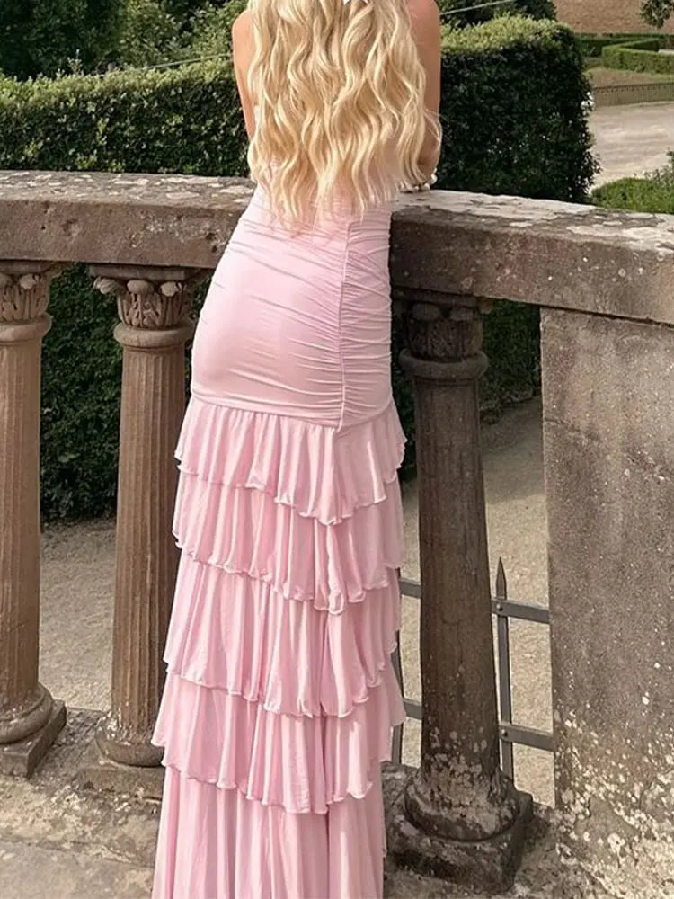 2024 Fashion Layered Ruffles Hem Beaded Long Dress Elegant Sexy Backless Slim Split Dresses Summer Lady Evening Party Vestidos