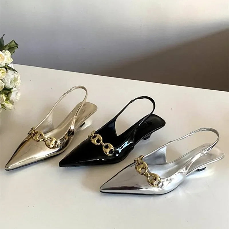 Sexy Pointed Toe Thin Low Heel Slingbacks Sandals Women Summer Elegant Metal Chain Decoration Women Pumps Casual Mules Shoes