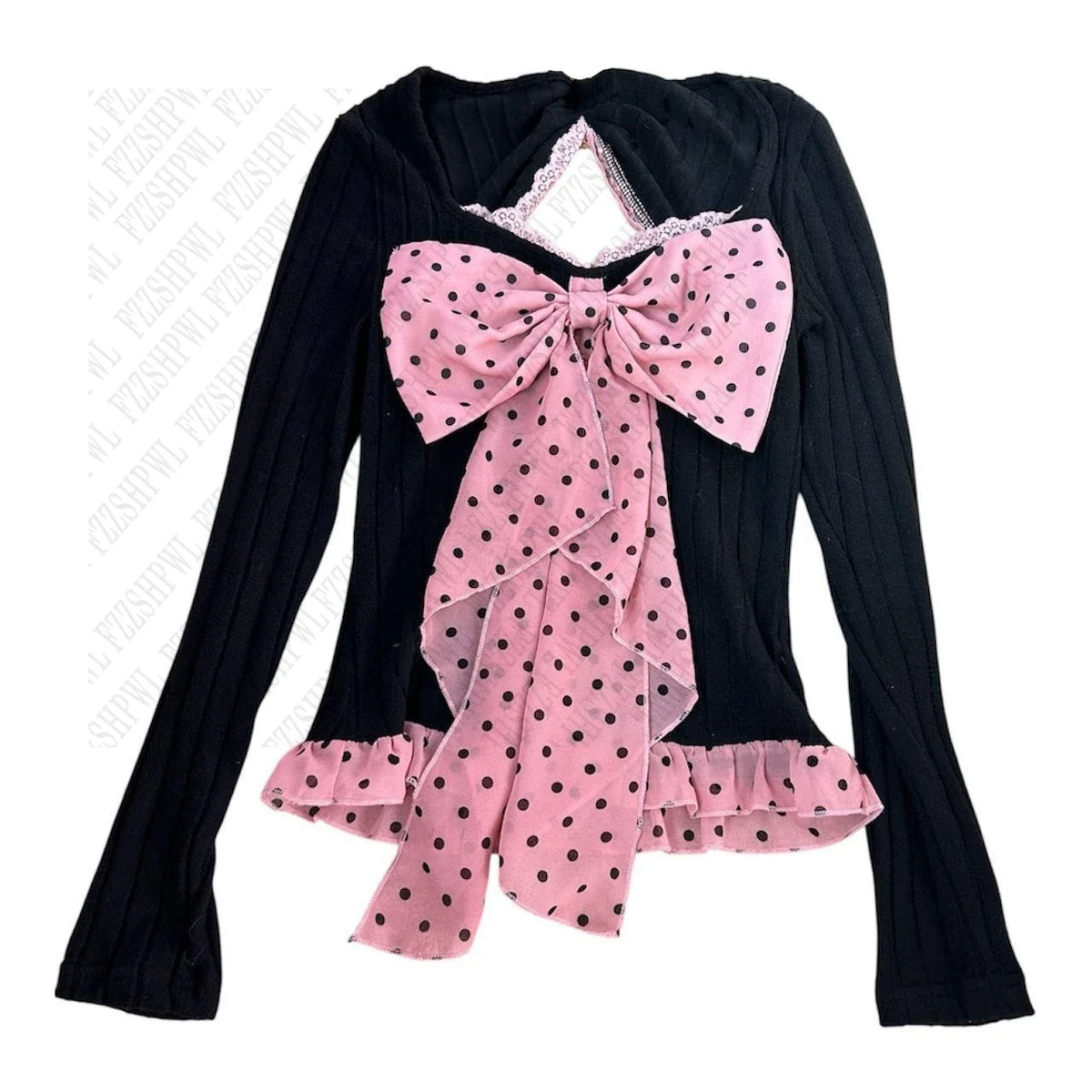 Polka dot Bow Cute Women Long Sleeve Lace Clothing Y2K Slim Tide Pink Tee Vintage Harajuku T-shirts 2000s Sweet Fashion Pullover