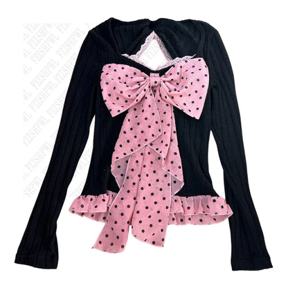 Polka dot Bow Cute Women Long Sleeve Lace Clothing Y2K Slim Tide Pink Tee Vintage Harajuku T-shirts 2000s Sweet Fashion Pullover