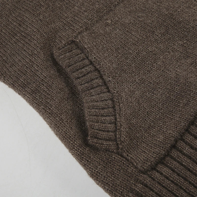Y2K Brown V-neck Hooded Sweater Vintage Basic Slim Button Up Knitted Pullovers Autumn Casual Streetwear Outfits Lady