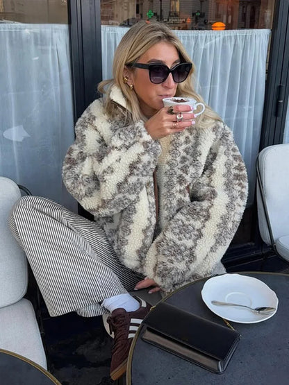 Vintage Plush Printed Jackets Women Casual Warm Zipper Stand Collar Short Coats Female New Spring Winter Chic Street Outwear