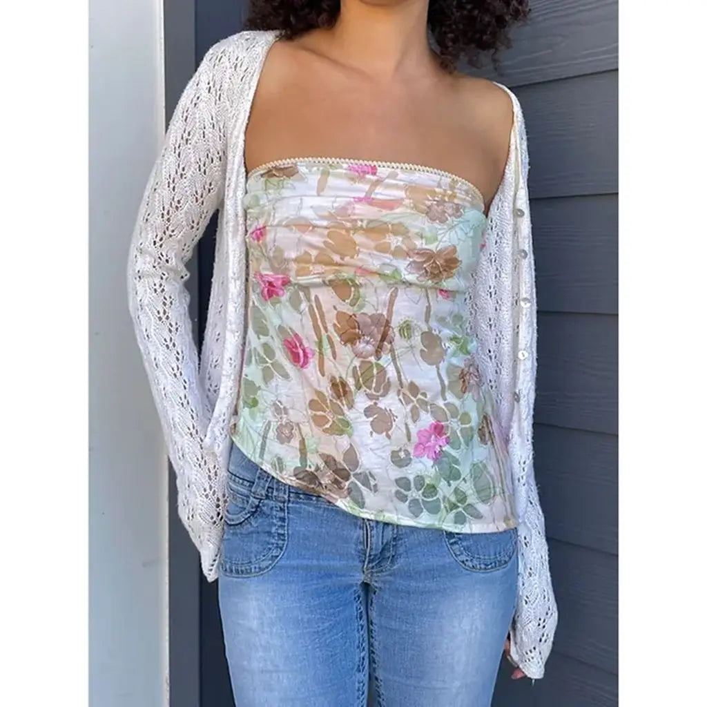 Women's Y2K Aesthetic Tube Tops Strapless Backless Vest Flower Print Summer Ladies Clubwear Slim Camisoles for Party