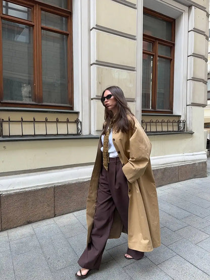 Women Khaki Lapel Long Windbreaker Fashion Single Breasted Full Sleeve Causal Jacket New Autumn Lady High Street Outerwear