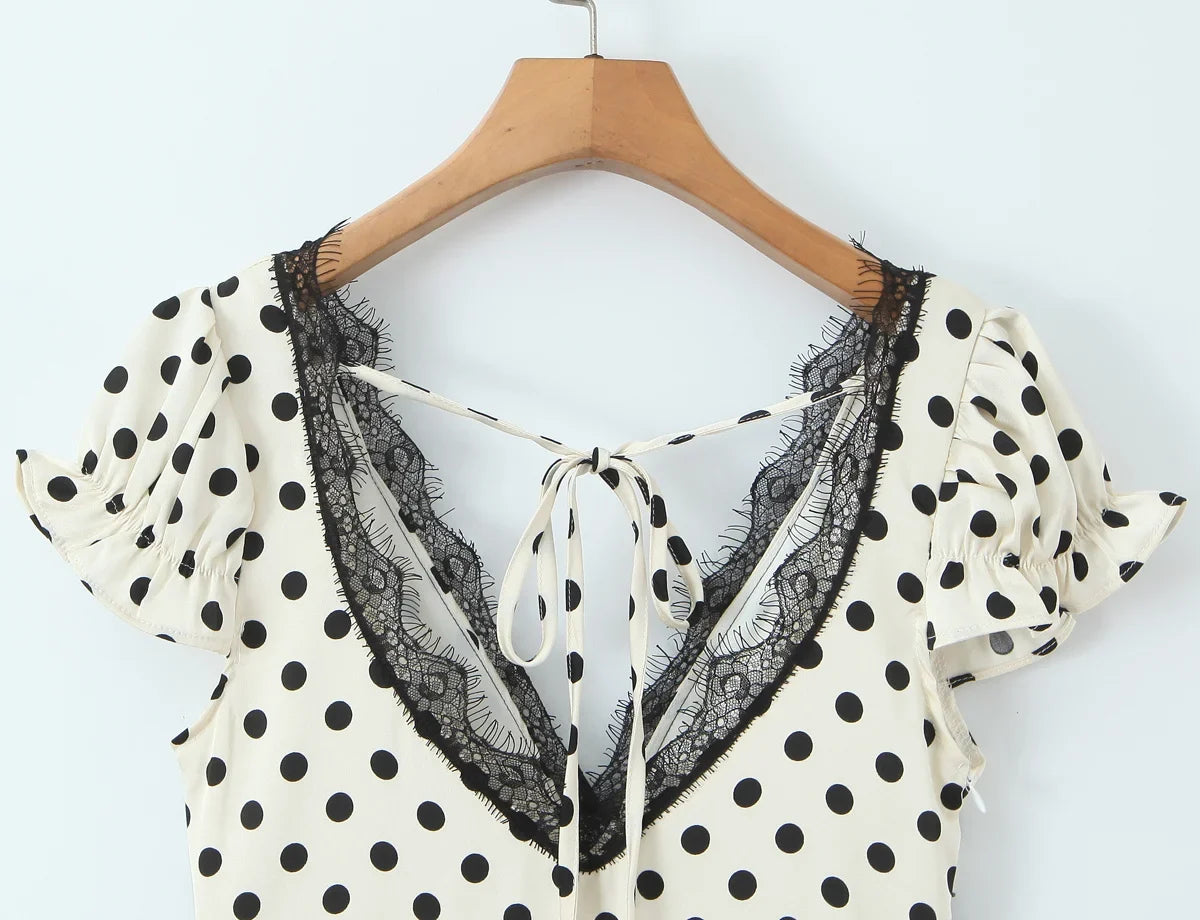 Elegant Girls Short Sleeve V Neck Lace Trim Polka Dot Summer Dress Sexy Backless A-line Midi Holiday Female Vestidos