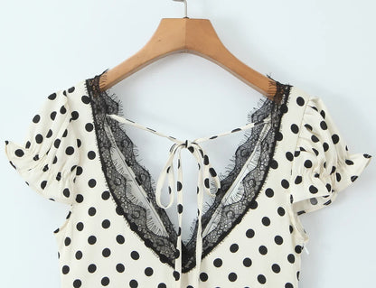 Elegant Girls Short Sleeve V Neck Lace Trim Polka Dot Summer Dress Sexy Backless A-line Midi Holiday Female Vestidos