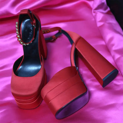 High Quality Satin Women Super High Heels Square Toe Platform Ankle Strap Party Wedding Shoes Mary Jane Chunky Heel Shoes