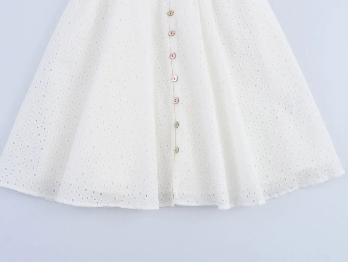 Lantern Sleeve Flower Embroidery Short Dress Elastic Waist A-line White Women Dress Vacation Casual Summer Dresses