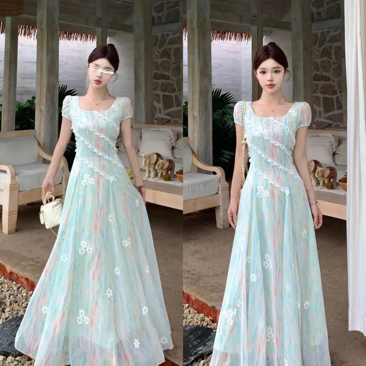 French High-Grade Sweet Dress Women's New Summer Fashion Chic Print Slim Medium Length Pear Shape Evening Dresses