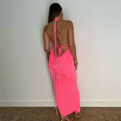 Halter Backless Criss Cross Tie Cowl Back Maxi Dress