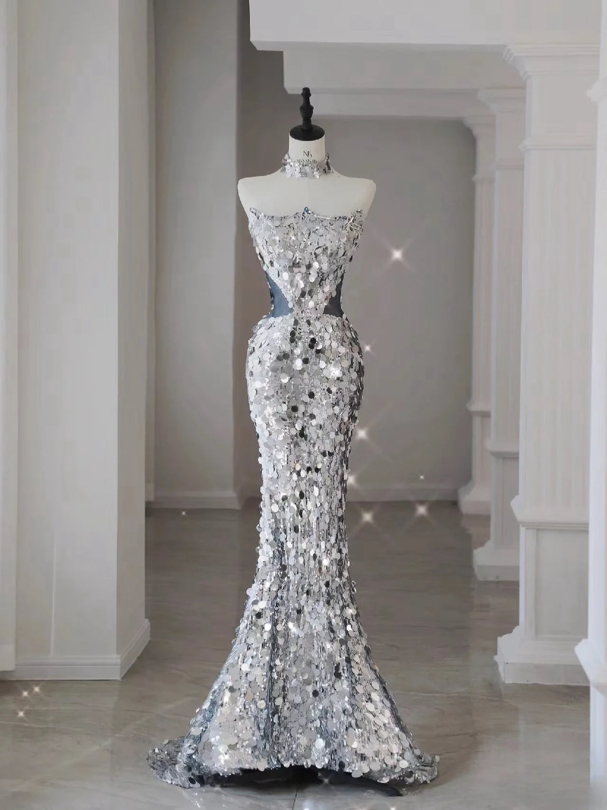 Silvery Shiny Sequins Prom Dresses Mermaid Removable Tulle Bow Trailing Ceremony Performance Party Backless Formal Evening Gowns
