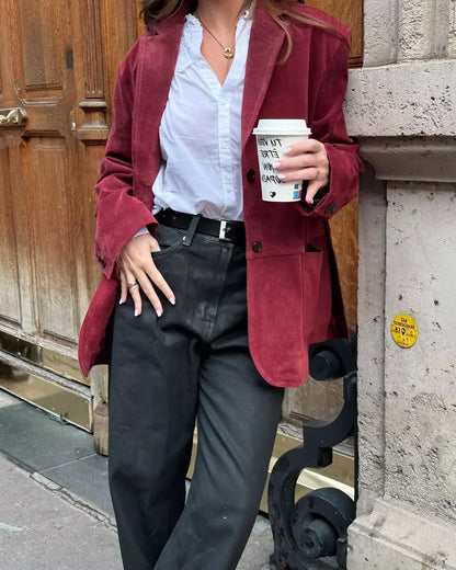Vintage Wine Red Suede Lapel Jacket Women Chic Single Breasted Laple Full Sleeve Loose Office Elegant Overcoat Autumn